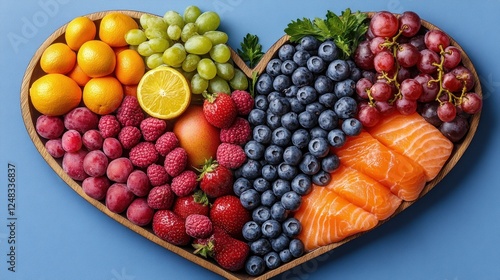 Heart-shaped fruit, salmon platter, healthy eating photo