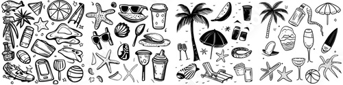 Summer beach vacation doodles featuring various activities, items, and tropical elements for a relaxing getaway