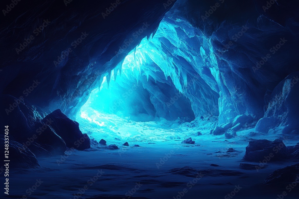 Breathtaking ice cave with a vibrant blue light illuminating jagged icicles and frosty ground, creating an enchanting and mysterious atmosphere Breathtaking ice cave with a vibrant blue light illuminating jagged icicles and frosty ground, creating an enchanting and mysterious atmosphere