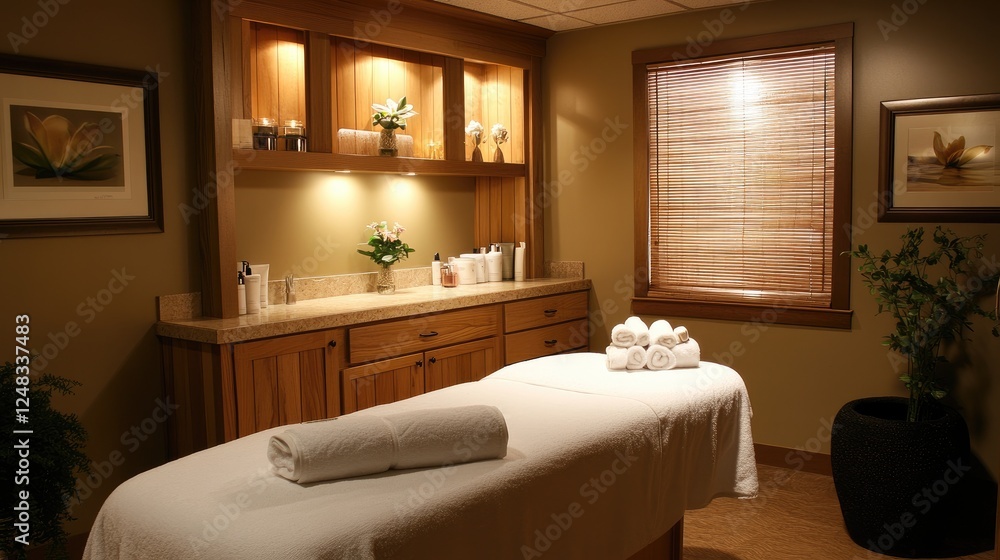 Fototapeta premium Tranquil Spa Room with Massage Table and Relaxing Atmosphere