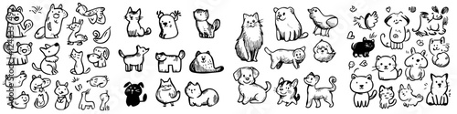Collection of hand-drawn black and white animals in various playful poses, showcasing their unique characteristics and expressions