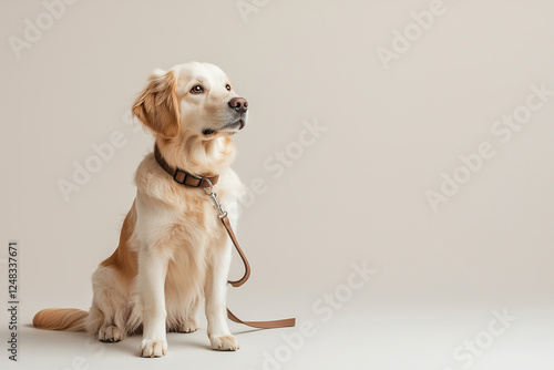 Golden retriever dog sitting isolated on beige background.