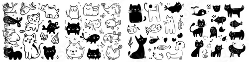 Cute black and white doodles of cats, fish, and birds showcasing delightful animal illustrations