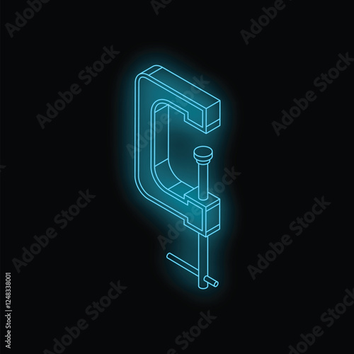 Neon glowing blue wireframe isometric c clamp icon isolated on a black background