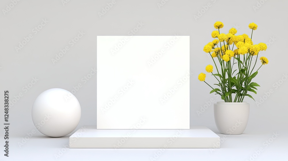 Minimalist display featuring a blank canvas, yellow flowers, and geometric shapes in a serene setting Minimalist display featuring a blank canvas, yellow flowers, and geometric shapes in a serene setting