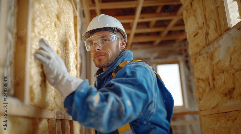 worker is carefully fitting rock wool insulation in construction site worker is carefully fitting rock wool insulation in construction site