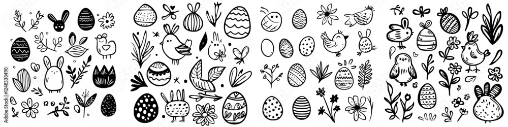 Fototapeta premium Creative black and white doodles featuring Easter eggs, flowers, and cute animals in a whimsical arrangement