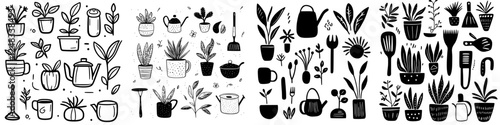 Collection of hand-drawn plant illustrations featuring various pots and gardening tools in black and white