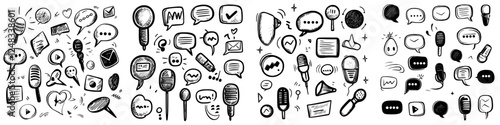 Collection of hand-drawn communication icons featuring microphones, speech bubbles, and digital symbols in a creative arrangement