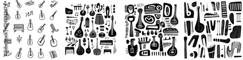 Collection of musical instrument illustrations featuring diverse styles and arrangements on a wooden background