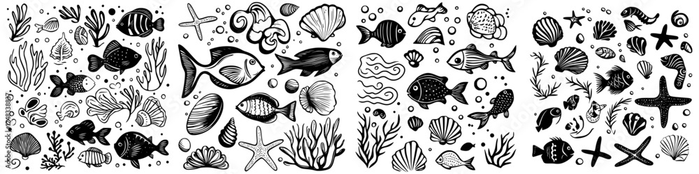 Underwater exploration featuring diverse marine life, shells, and ocean plants in a black and white artistic design Underwater exploration featuring diverse marine life, shells, and ocean plants in a black and white artistic design