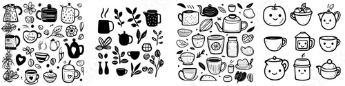 Collection of hand-drawn tea and coffee elements featuring various cups, teapots, and botanical motifs on a white background