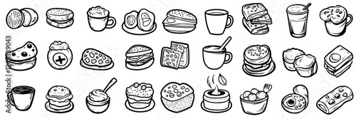 Variety of delicious breakfast and dessert items arranged in a playful illustration style