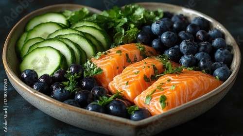 Heart-shaped salmon, berries, cucumber bowl