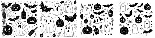 Colorful Halloween illustrations featuring ghosts, pumpkins, bats, and spooky elements in a festive atmosphere