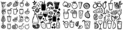 Variety of hand-drawn fruits and beverages arranged in a symmetrical pattern on a light background showcasing summer freshness
