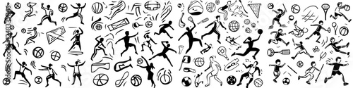 Sports activities illustrated in a dynamic pattern featuring various athletes engaged in different games