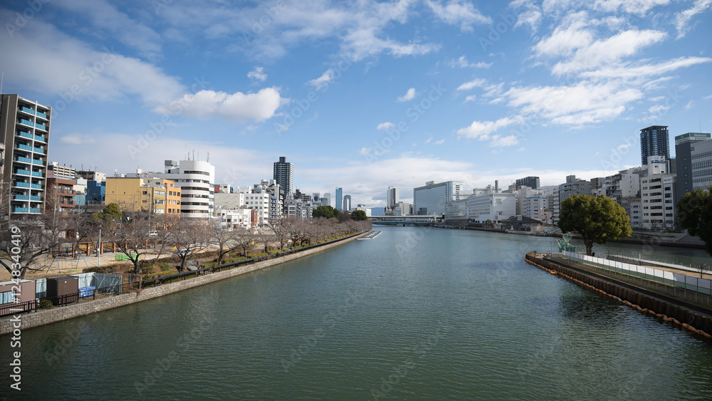 Morning view of Okawa River in Osaka, Japan Morning view of Okawa River in Osaka, Japan