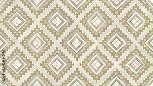 Elegant Beige and White Geometric Textile Pattern Design with Interlocking Diamond Shapes and Linear Motifs