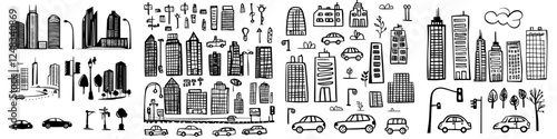 City skyline illustrations featuring cars, buildings, and urban elements in a playful artistic design