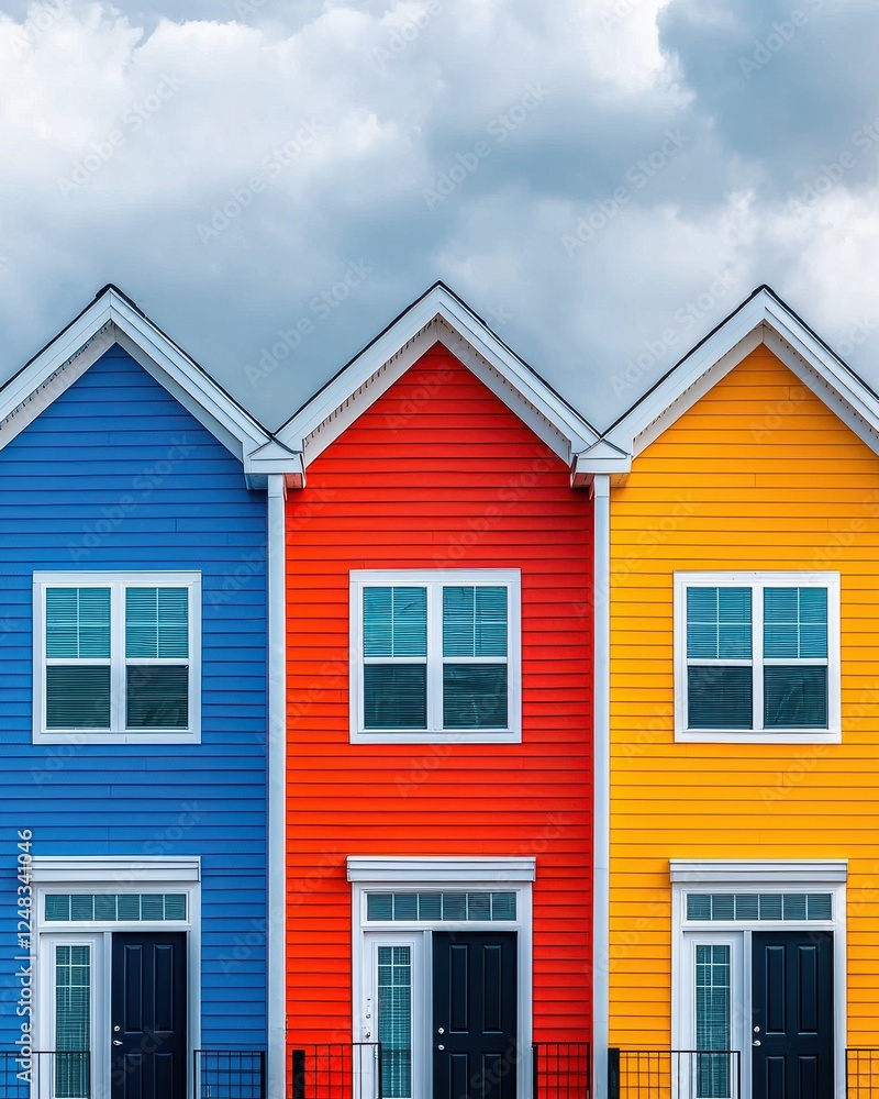 A vibrant trio of houses featuring blue, red, and yellow exteriors under a cloudy sky, showcasing modern architecture and colorful design. A vibrant trio of houses featuring blue, red, and yellow exteriors under a cloudy sky, showcasing modern architecture and colorful design.