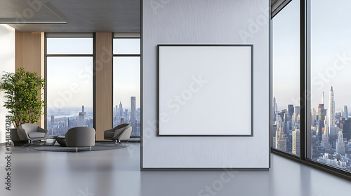 Modern executive office with blank poster and large windows overlooking cityscape, featuring minimalist decor and natural light. 3D Rendering photo