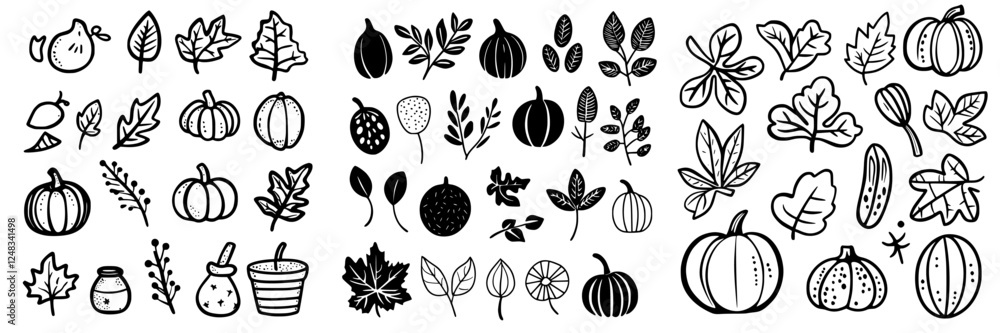 Fototapeta premium Collection of hand-drawn botanical illustrations featuring pumpkins, leaves, and natural elements in a minimalist style