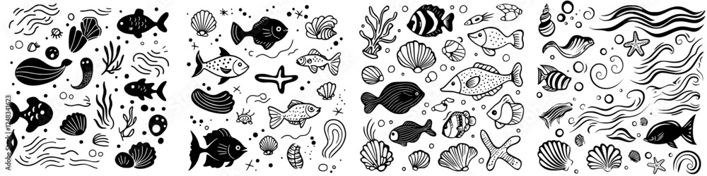 Naklejka premium Ocean-themed hand-drawn black and white illustrations filled with various marine life and shells in a playful design layout