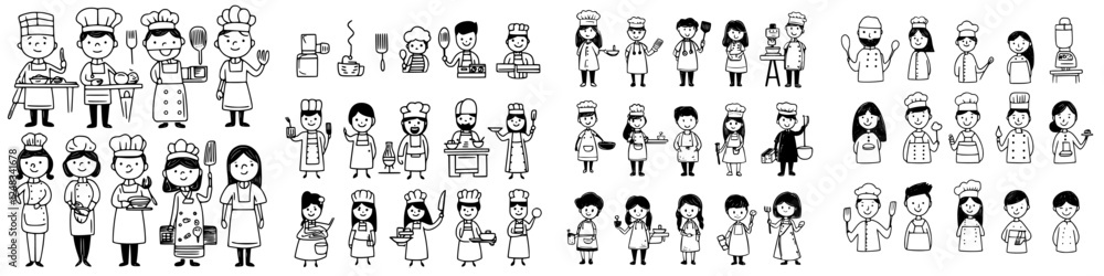 Illustrations of diverse chefs and kitchen staff engaged in various culinary activities and food preparation in a bustling kitchen environment Illustrations of diverse chefs and kitchen staff engaged in various culinary activities and food preparation in a bustling kitchen environment