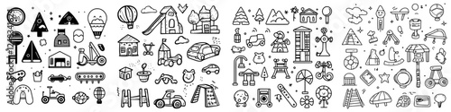 Numerous playful and whimsical child-friendly doodles featuring parks, toys, and outdoor activities in a fun art style