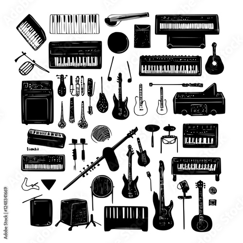 Various musical instruments displayed in a creative arrangement featuring keyboards, guitars, and percussion