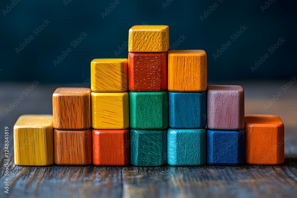 Obraz premium Stacked colorful wooden blocks on a wooden floor and table