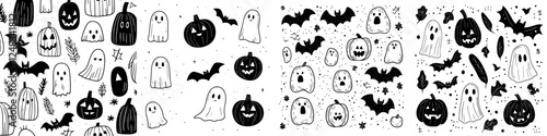 Creative black and white Halloween themed illustrations featuring ghosts, pumpkins, and bats for festive decoration