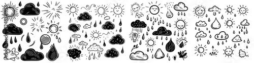 Weather symbols illustrating sun, clouds, and rain in a creative black and white design