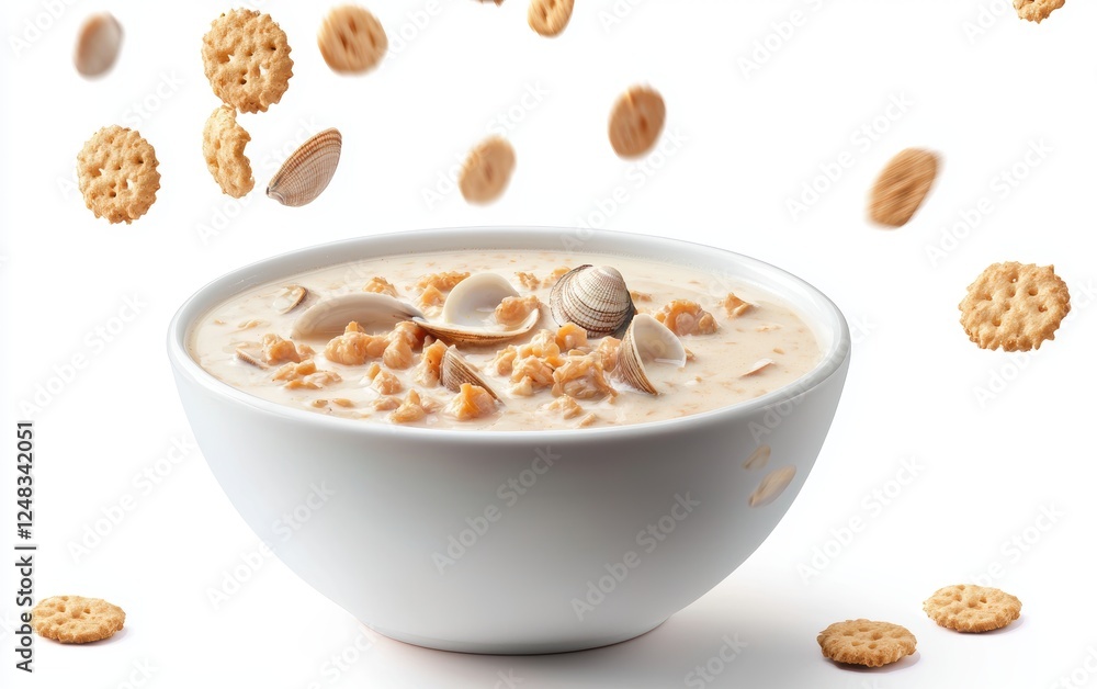 A thick New England clam chowder with flying oyster crackers, creamy broth, and floating clam pieces, bright white background A thick New England clam chowder with flying oyster crackers, creamy broth, and floating clam pieces, bright white background