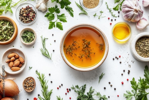 Broth with herbs, spices, oil and nuts displayed on white table