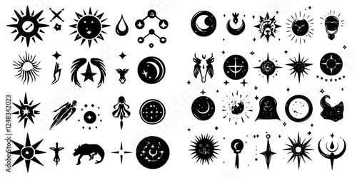 Collection of celestial and mystical symbols in black and white design for artistic inspiration and creativity