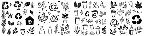 Artistic collection of hand-drawn eco-friendly symbols and plant motifs promoting sustainability and environmental awareness