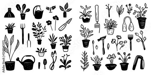 Collection of hand-drawn plants and gardening tools arranged creatively on a white background
