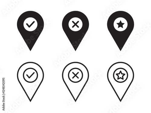 Set of map pins with check, cross and star signs. location pin place marker. Location icon. Map marker pointer icon set. Modern map markers. Pin icon vector.