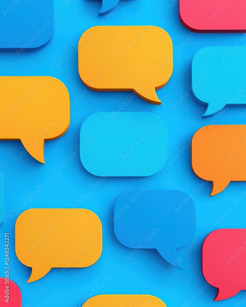 A vibrant pattern of colorful speech bubbles on a blue background, symbolizing communication and conversation. A vibrant pattern of colorful speech bubbles on a blue background, symbolizing communication and conversation.