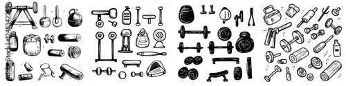 Collection of gym equipment and weights showcasing diverse workout tools and accessories for fitness enthusiasts