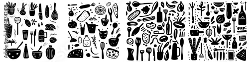 Inspirational black and white kitchen tools and food items showcasing culinary potential in an organized layout for creative cooking