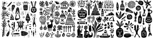Decorative mural featuring various cultural symbols, plants, and objects in a lively arrangement with a rich artistic style