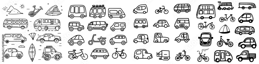 Collection of hand-drawn transportation icons representing various vehicles and modes of travel Collection of hand-drawn transportation icons representing various vehicles and modes of travel