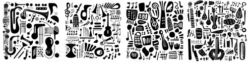Abstract black and white design featuring various musical instruments, notes, and symbols in a creative composition
