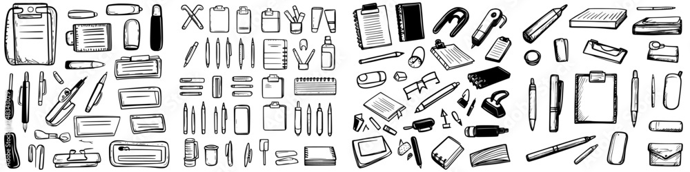 Collection of doodled stationery items arranged in an organized manner showcasing office supplies and tools Collection of doodled stationery items arranged in an organized manner showcasing office supplies and tools