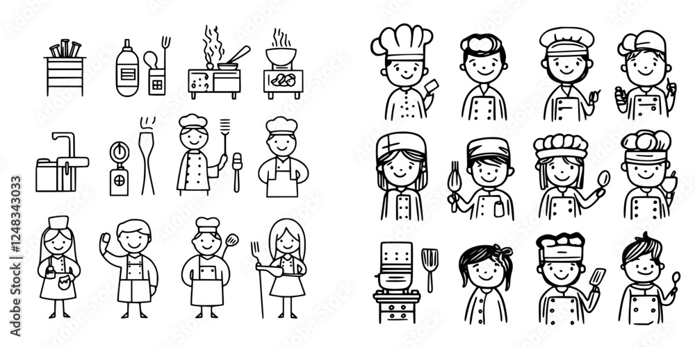 Illustrations of culinary professionals and kitchen tools at a vibrant cooking school event Illustrations of culinary professionals and kitchen tools at a vibrant cooking school event