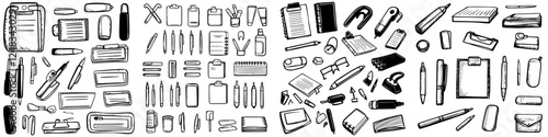 Collection of doodled stationery items arranged in an organized manner showcasing office supplies and tools