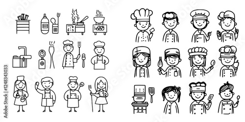 Illustrations of culinary professionals and kitchen tools at a vibrant cooking school event